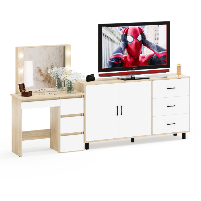 С зеркалом, Косметический столик Сура с зеркалом и подсветкой и с тумбой-комодом 123-1604