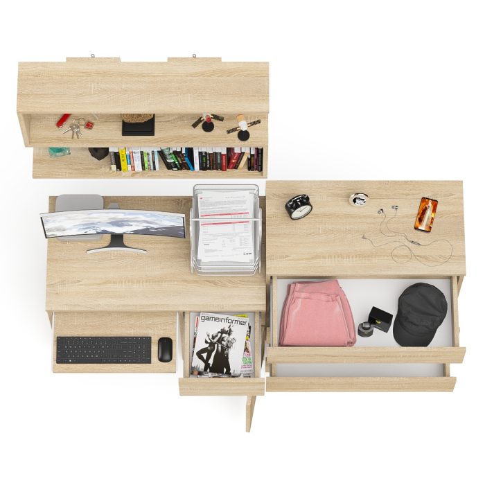 Прямые компьютерные столы, Комод Мори четыре ящика на 800 с компьютерным однотумбовым столом МС-1 правый и навесной полкой