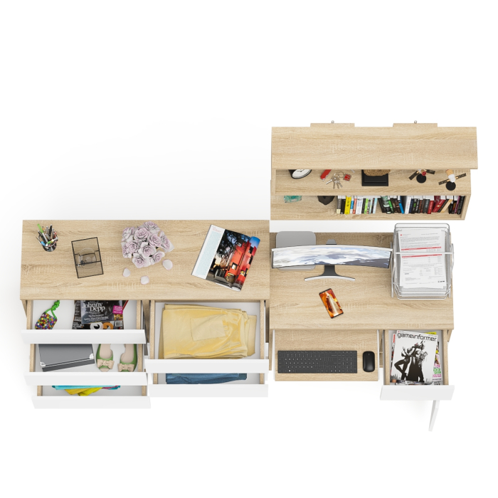 Домашние кабинеты, Большой комод на восемь выдвижных ящиков со столом МС-1 правый и полкой Мори 900