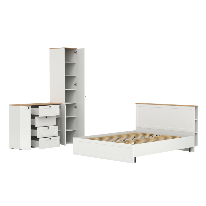 Спальные гарнитуры, Двухспальная кровать с ортопедическим основанием Остин и платяной шкаф-пенал с тумбой-комодом