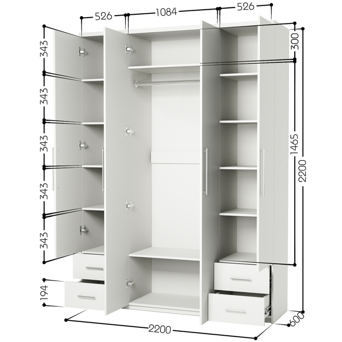 Для одежды, Шкаф четырехдверный Комфорт МКЯ2-43 220х60 с зеркалами