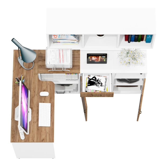 Домашние кабинеты, Стол Лидер-8 с навесной открытой полкой и двумя тумбами