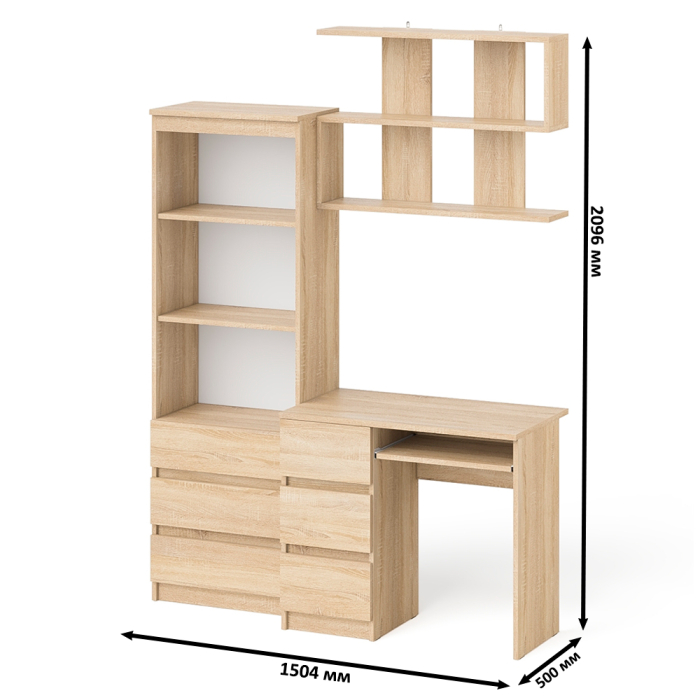 Прямые компьютерные столы, Стол для работы три ящика слева Мори с навесной полкой на 900 и стеллаж-комод три ящика