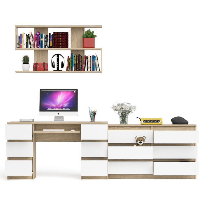 Домашние кабинеты, Широкий комод Мори на шесть ящиков с двутумбовым столом МС-2 и открытой полкой
