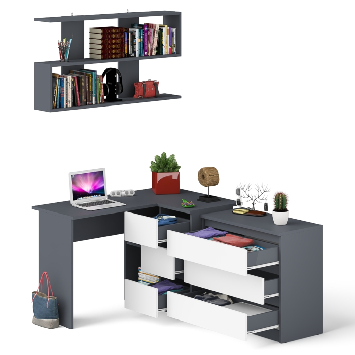 Домашние кабинеты, Стол компьютерный Мори МС-16 правый с навесной полкой и комодом МК800.1