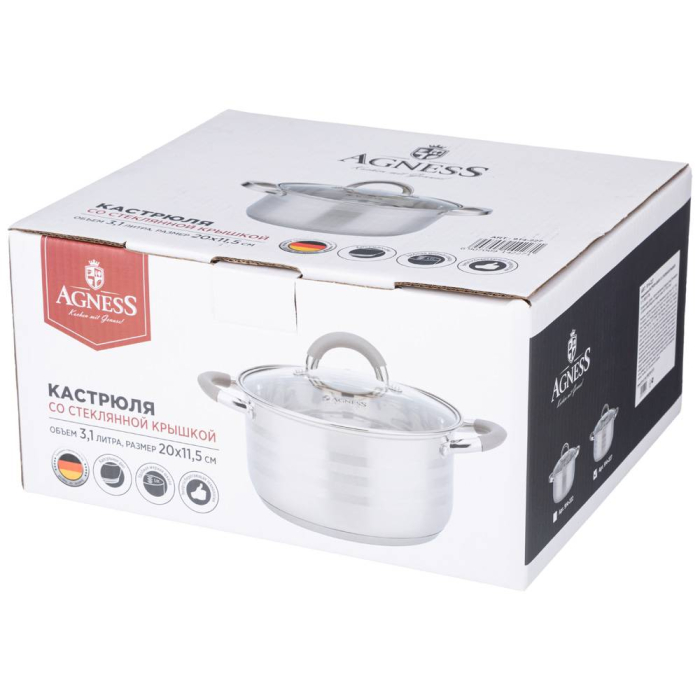 Кастрюли, КАСТРЮЛЯ AGNESS CLASSIC СО СТЕКЛЯННОЙ КРЫШКОЙ 3,1 Л. 20X11,5 СМ