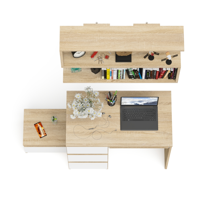 Прямые компьютерные столы, Стол компьютерный три ящика МС-6 левый с тумбочкой ТМП400 и навесной полкой 900 Мори