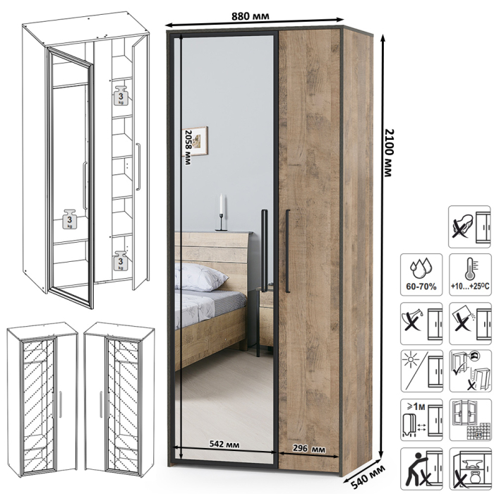 Шкафы распашные, Шкаф с зеркалом Трувор 13.204.01