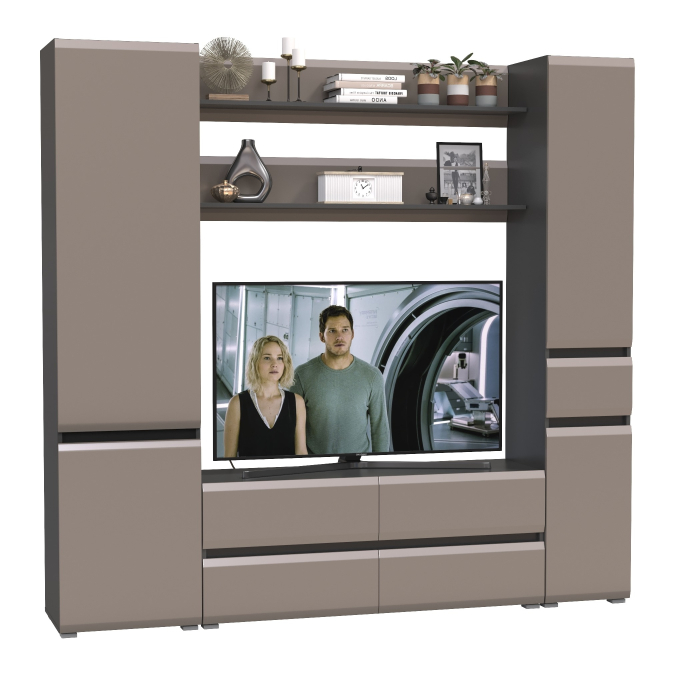 Стенки для гостиной, ТВ-тумба с двумя полочками и шкафом с ящиком и шкафом с полками внутри Сидней
