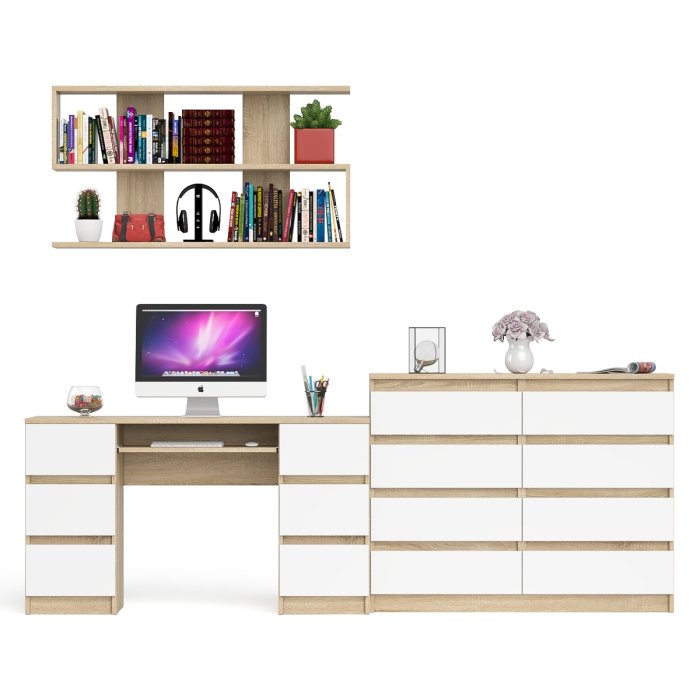 Домашние кабинеты, Полка Мори 1200 с письменным столом Мори МС-2 и комодом на восемь ящиков