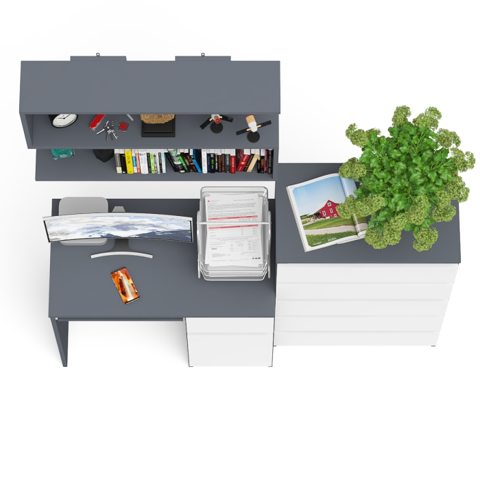 Домашние кабинеты, Стол компьютерный Мори МС-1 правый с высоким комодом на пять ящиков и навесной полкой