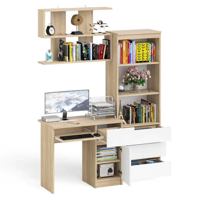 Прямые компьютерные столы, Стол компьютерный Мори МС-1 правый с навесной полкой и стеллаж-комодом 600.3