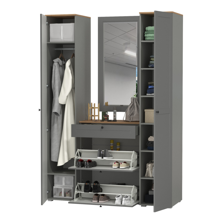 Прихожие, Тумба для обуви с зеркалом и два шкаф-пенала с полками Остин