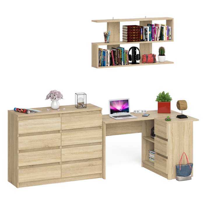Домашние кабинеты, Стол компьютерный угловой с ящиками Мори МС-16 правый с навесной полкой и комодом МК1200.8