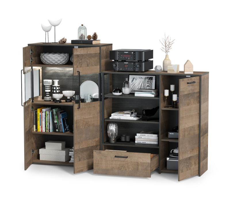 Стенки для гостиной, Комод с витриной с подсветкой и комод с ящиком и дверкой Трувор