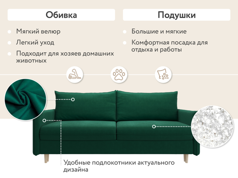 Диваны кровати со спальным местом, Диван-кровать Сканди, велюр