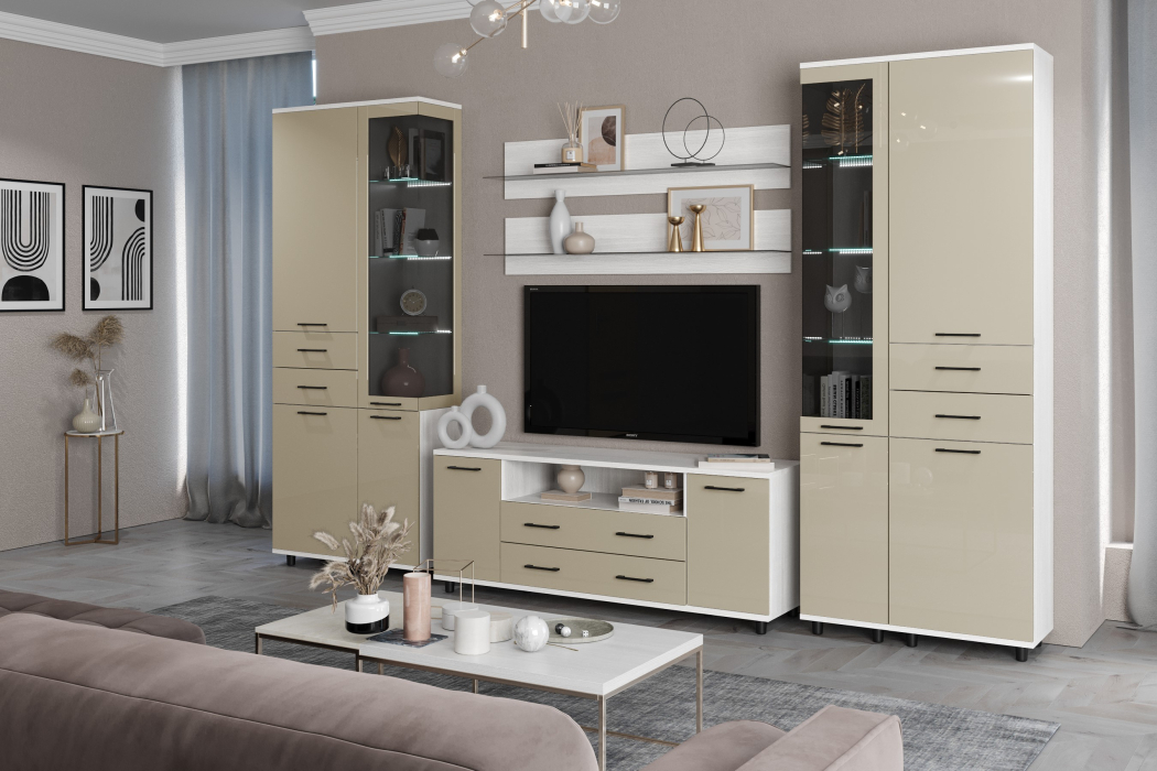 Стенки для гостиной, Модульная гостиная Грейс композиция 12  Снежный Ясень