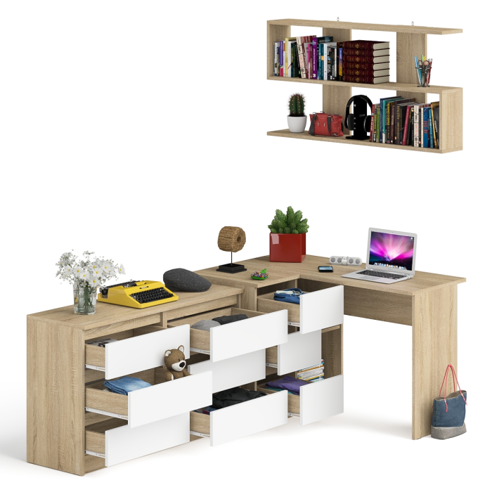 Домашние кабинеты, Стол компьютерный угловой МС-16 левый Мори с полкой для книг и широким комодом