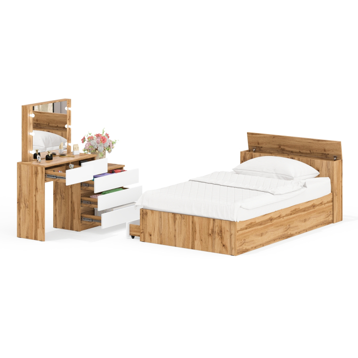 Спальные гарнитуры, Столик туалетный с лампочками 110 с полутораспальной кроватью с ящиками Ксения 1200