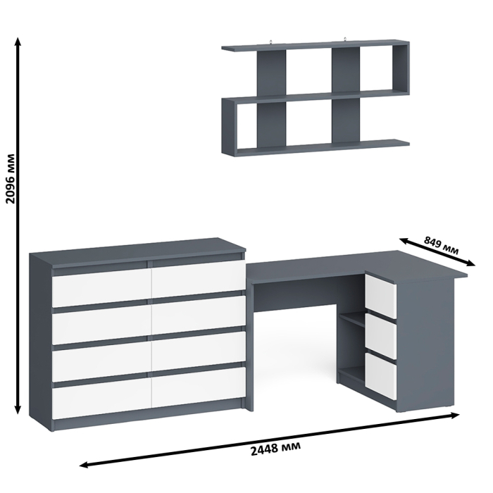 Домашние кабинеты, Стол компьютерный угловой с ящиками Мори МС-16 правый с навесной полкой и комодом МК1200.8