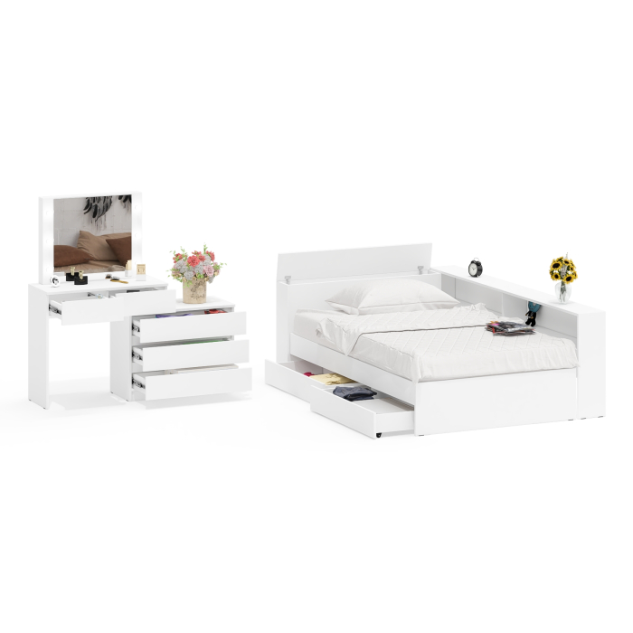 Спальные гарнитуры, Туалетный столик для спальни с подсветкой 110 и Ксения кровать 1200 с ящиками и прикроватный блок