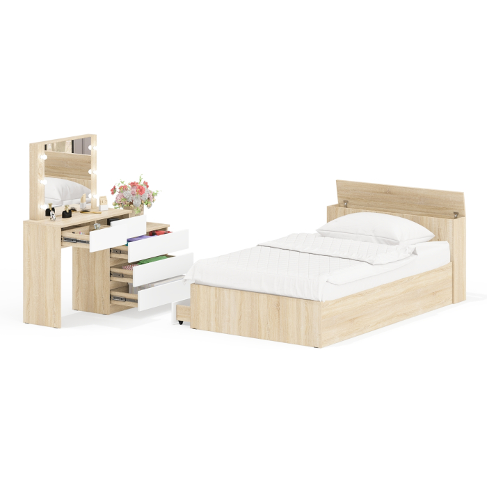 Спальные гарнитуры, Столик туалетный с лампочками 110 с полутораспальной кроватью с ящиками Ксения 1200