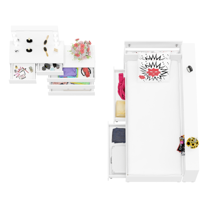 Спальные гарнитуры, Столик косметический с лампочками 110 и Ксения 900 односпальная кровать с ящиками и прикроватным блоком