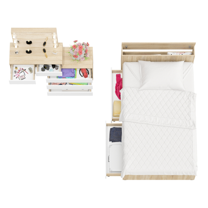 Спальные гарнитуры, Столик туалетный с лампочками 110 с полутораспальной кроватью с ящиками Ксения 1200