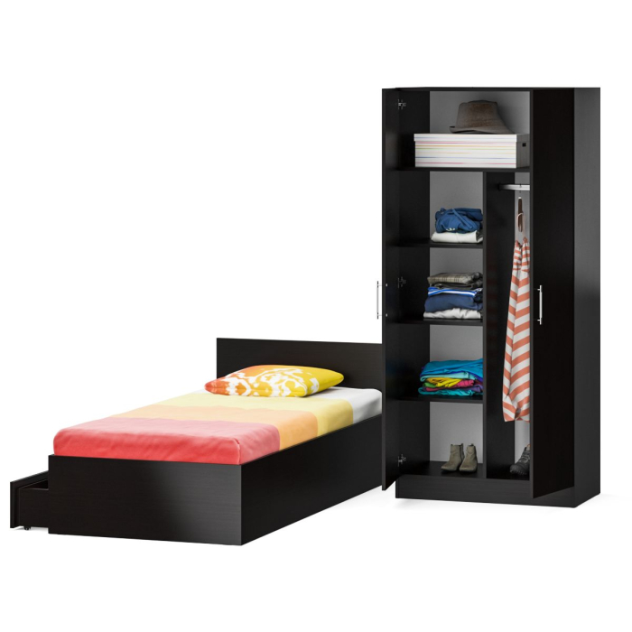 Спальные гарнитуры, Односпальная Кровать с ящиками 900 со шкафом для одежды 2-х створчатым Стандарт