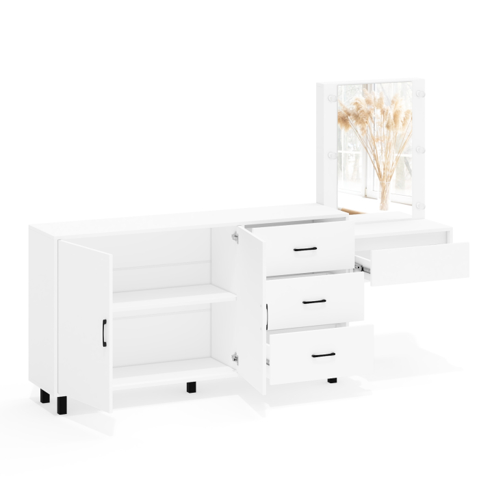 С зеркалом, Косметический навесной столик с подсветкой и комод с ящиками и дверками 123-1604