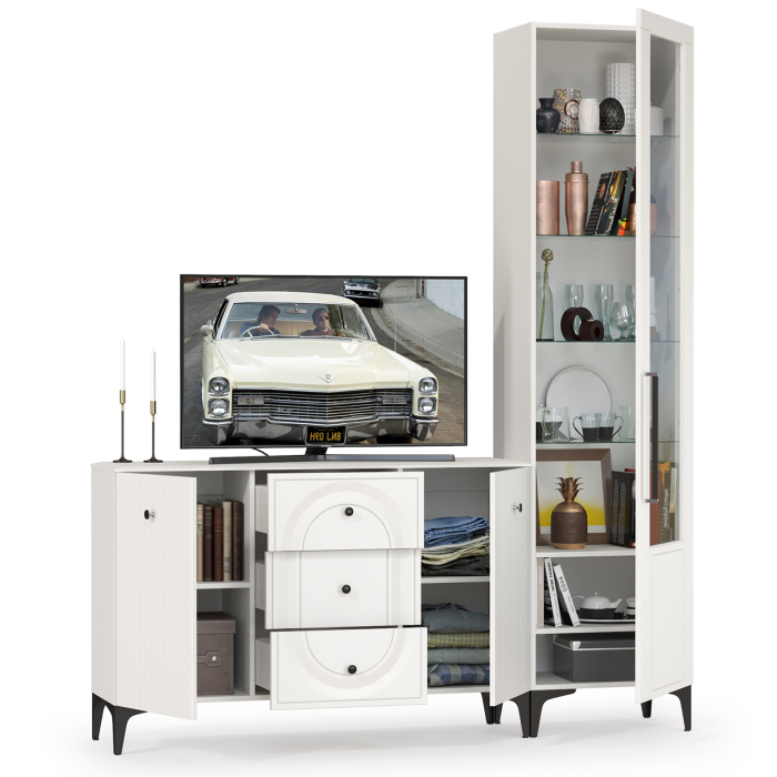 Стенки для гостиной, Пенал со стеклом и комод-ТВ-тумба Валенсия № 92