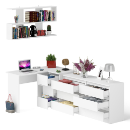 Комод широкий 6-ть ящиков Мори МК1380.6 с угловым компьютерным столом МС-16 правым и открытой книжной полкой