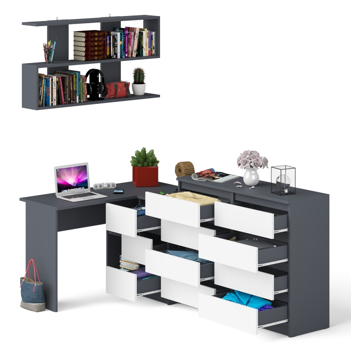Домашние кабинеты, Стол компьютерный угловой с ящиками Мори МС-16 правый с навесной полкой и комодом МК1200.8