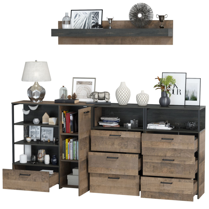 Стенки для гостиной, Два комода с ящиками с навесной полкой и комод с ящиком и дверкой в гостиную Трувор