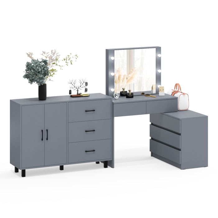 С зеркалом, Стол косметический с подсветкой 110 и тумба-комод с тремя ящиками и дверками 123-1204