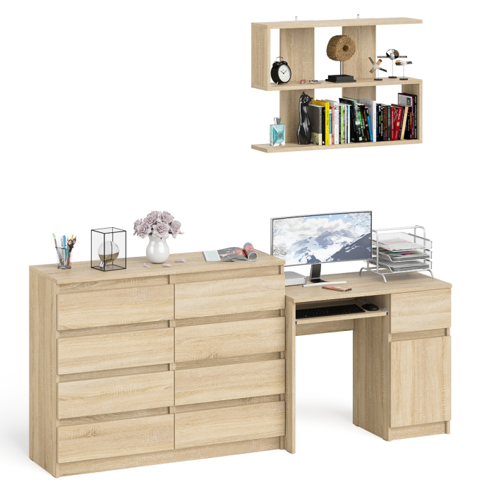 Домашние кабинеты, Большой комод на восемь выдвижных ящиков со столом МС-1 правый и полкой Мори 900