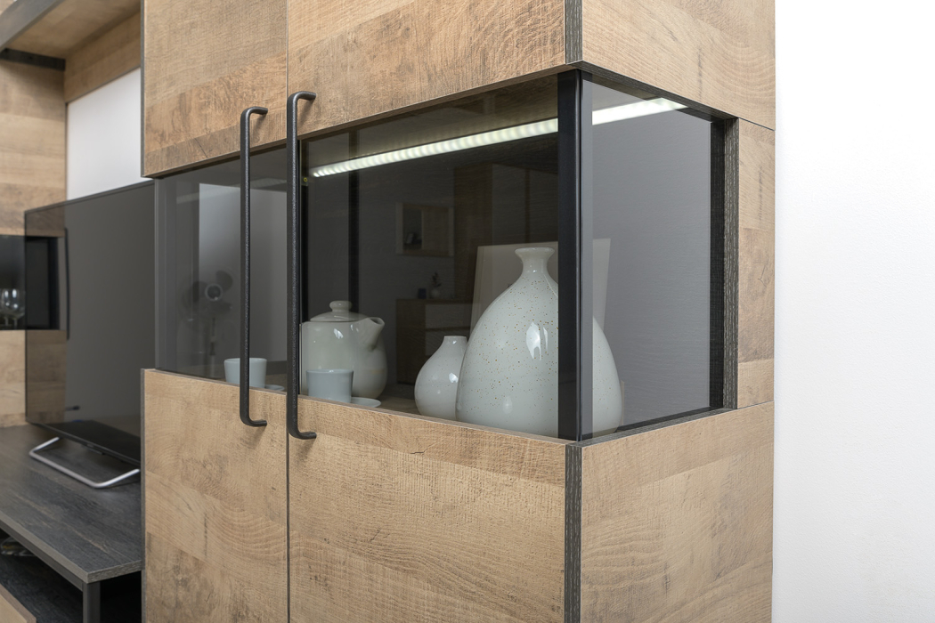 Стенки для гостиной, Комод с витриной с подсветкой с тумбой под ТВ Трувор