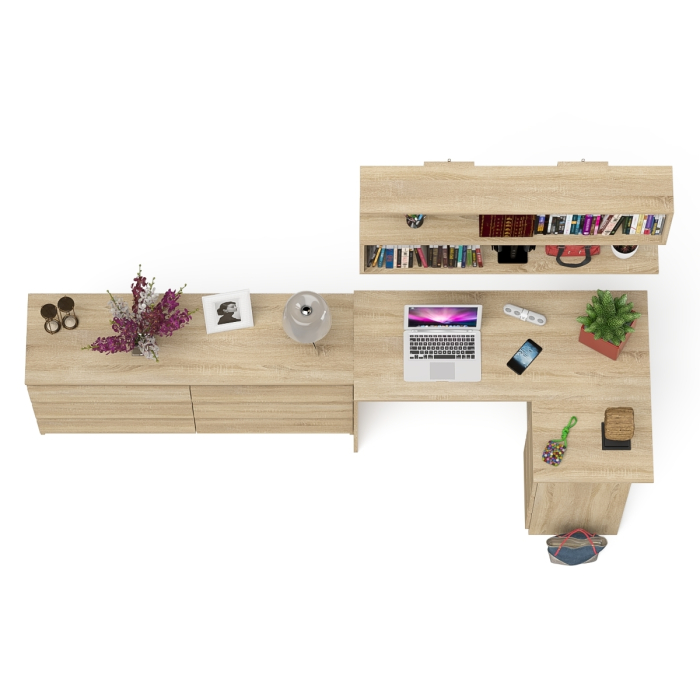 Домашние кабинеты, Комод широкий 6-ть ящиков Мори МК1380.6 с угловым компьютерным столом МС-16 правым и открытой книжной полкой