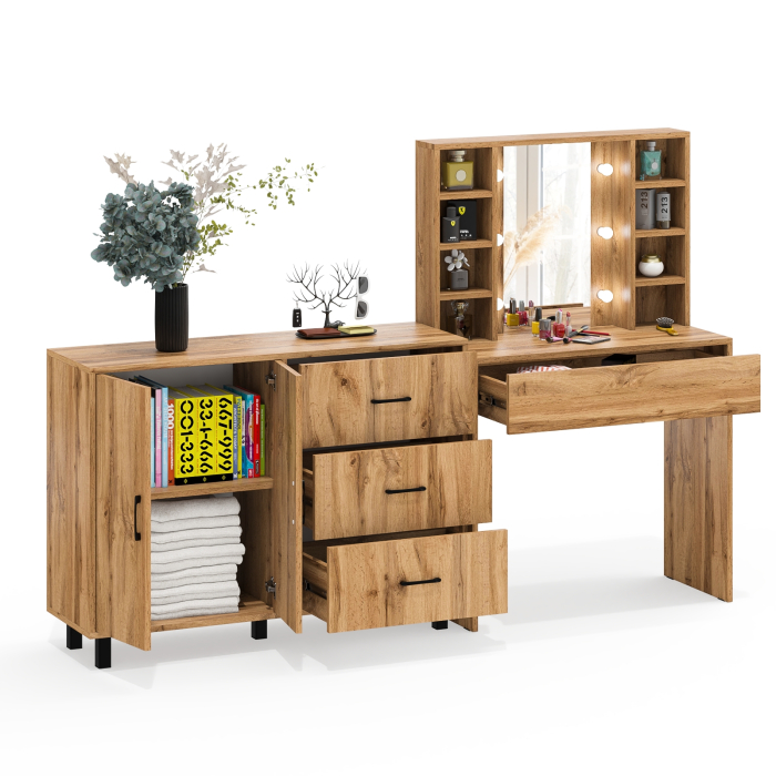 С зеркалом, Туалетный столик с подсветкой 115 и тумба-комод 123-1204