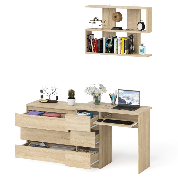 Прямые компьютерные столы, Компьютерный стол три ящика слева Мори с комодом Мори МК800.1 и полкой на 900