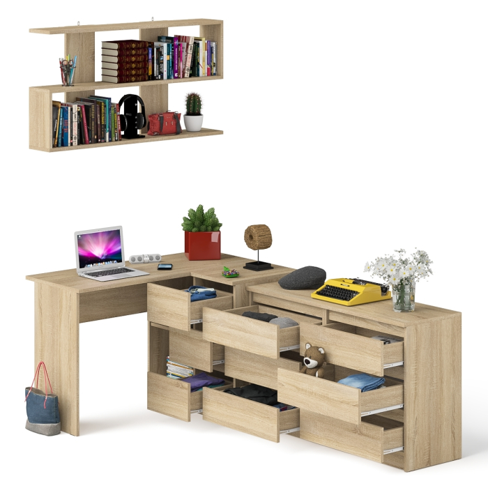 Домашние кабинеты, Стол угловой компьютерный Мори МС-16 правый с книжной полкой и комодом на шесть ящиков