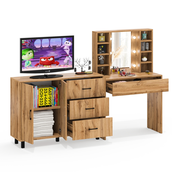 С зеркалом, Туалетный столик с подсветкой 115 и тумба-комод 123-1204