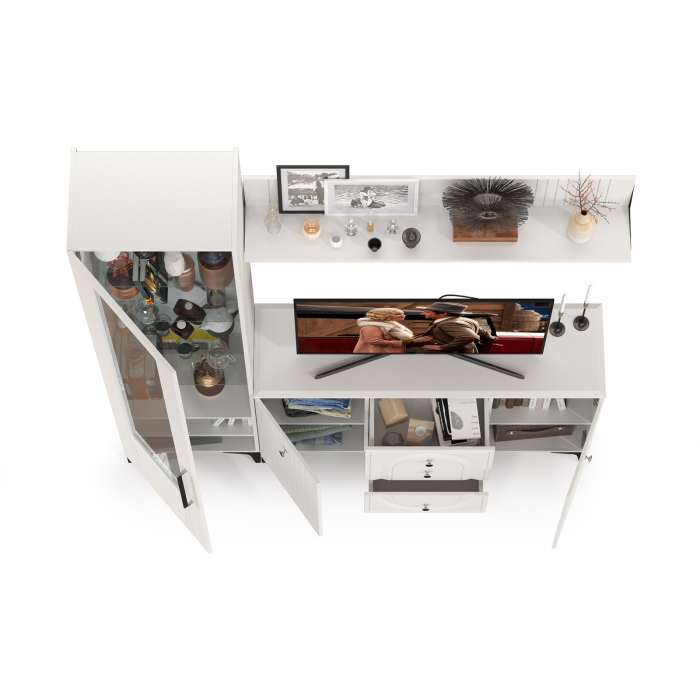 Стенки для гостиной, Комод-тумба под ТВ с полкой и пенал со стеклом Валенсия № 93