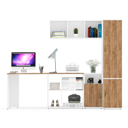 Компьютерный стол с нишами с навесной полкой Лидер-8 и тумбочкой 3.19 с пеналом для одежды