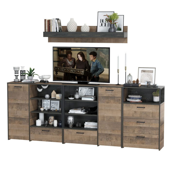 Стенки для гостиной, Два комода с дверкой и ящиком с навесной полкой и комодом с тремя ящикамиТрувор