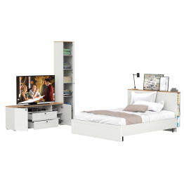 Кровать Остин со спальным местом 1600х2000 с ортопедическим основанием с пеналом с полками и тумба под ТВ