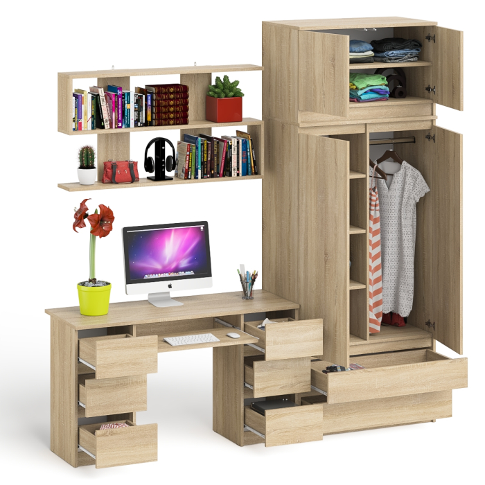 Домашние кабинеты, Шкаф-комод с антресолью Мори МШ900.1 со столом для работы и учёбы и книжной полкой