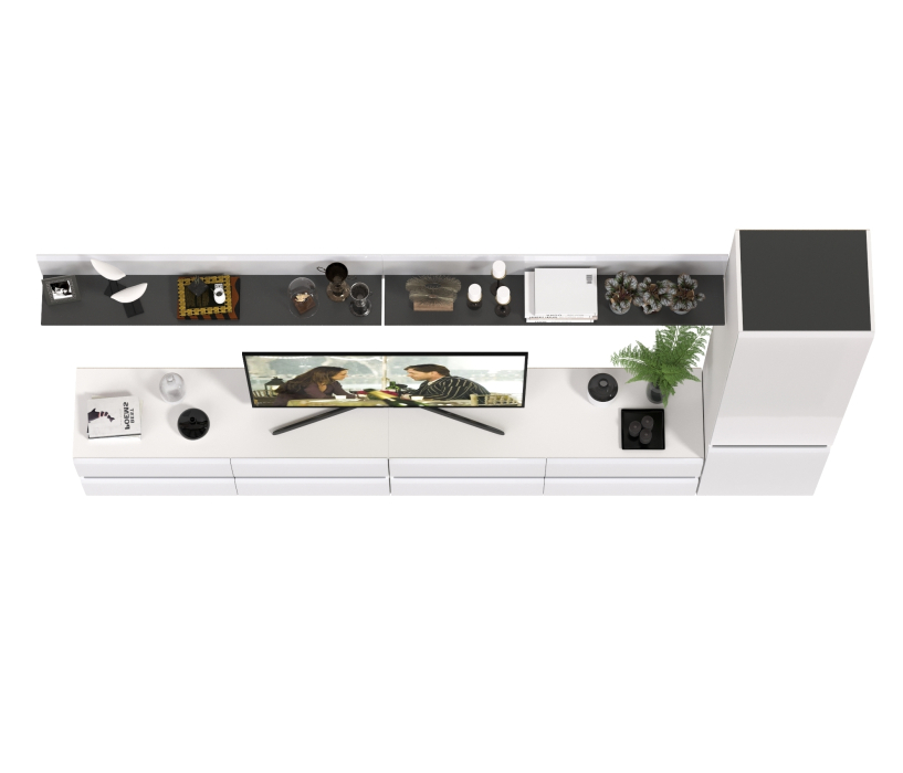 Стенки для гостиной, Две ТВ-тумбы с двумя навесными полочками и шкафом с полками Сидней