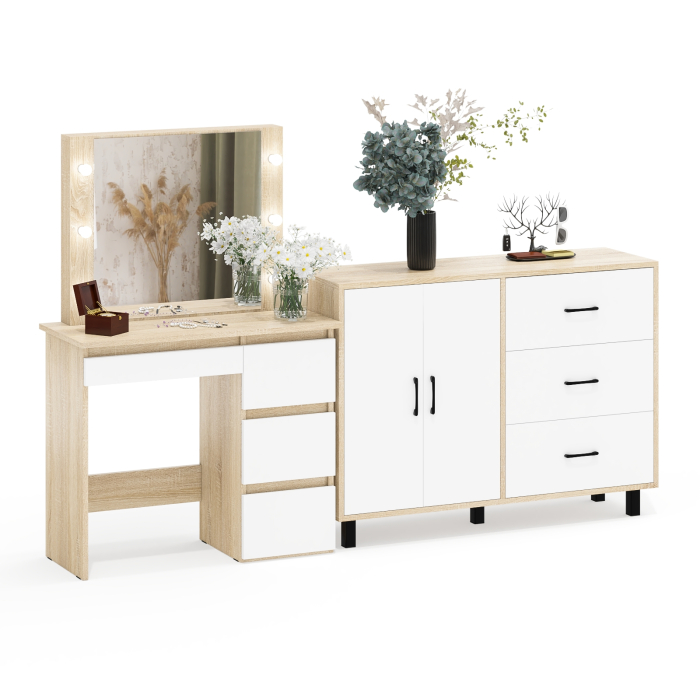 С зеркалом, Комод-тумба 123-1204 и столик косметический с подсветкой и зеркалом Сура