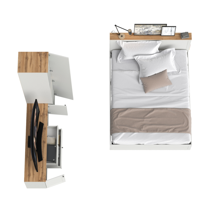 Спальные гарнитуры, Кровать Остин с ортопедическим основанием для матраса 1600х2000 с тумбой для аппаратуры и шкафом-пеналом